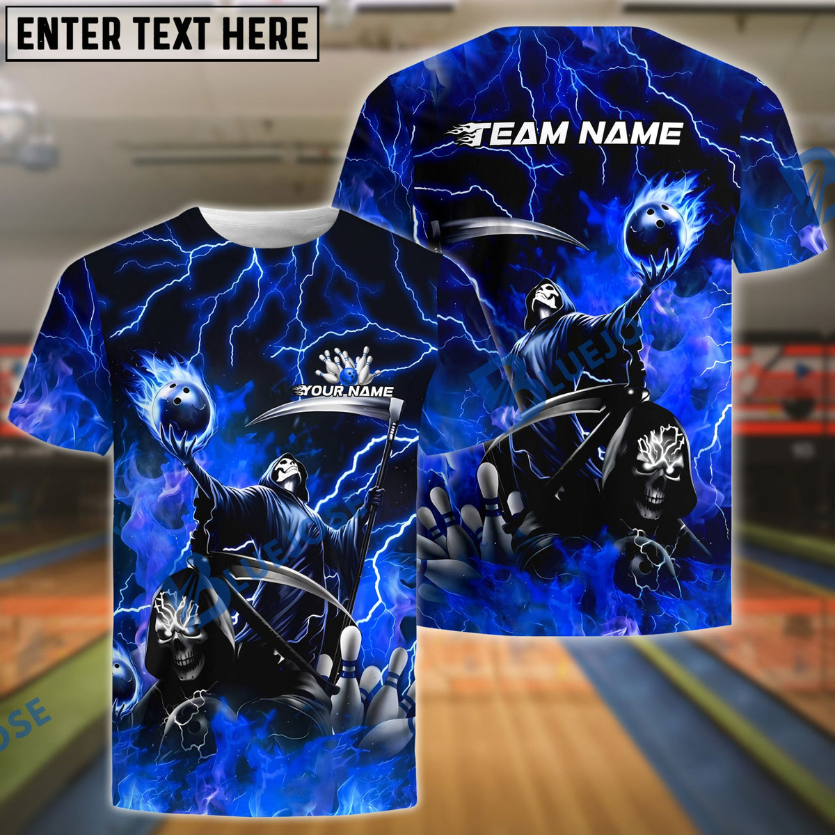 BlueJose Bowling And Pins Grim Reaper Skull With Flame Bowling Design Customized Name, Team Name 3D Shirt (4 Colors)