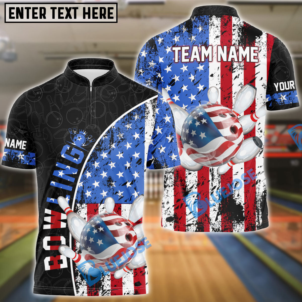 BlueJose Bowling And Pins Patriotic American Flag Customized Name, Team Name 3D Shirt