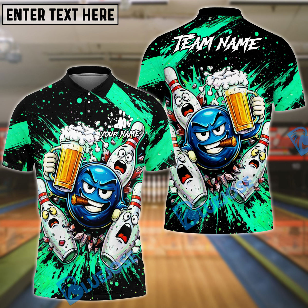 BlueJose Bowling & Pins Beer Party Funny Cartoon Customized Name, Team Name 3D Shirt (6 Colors)