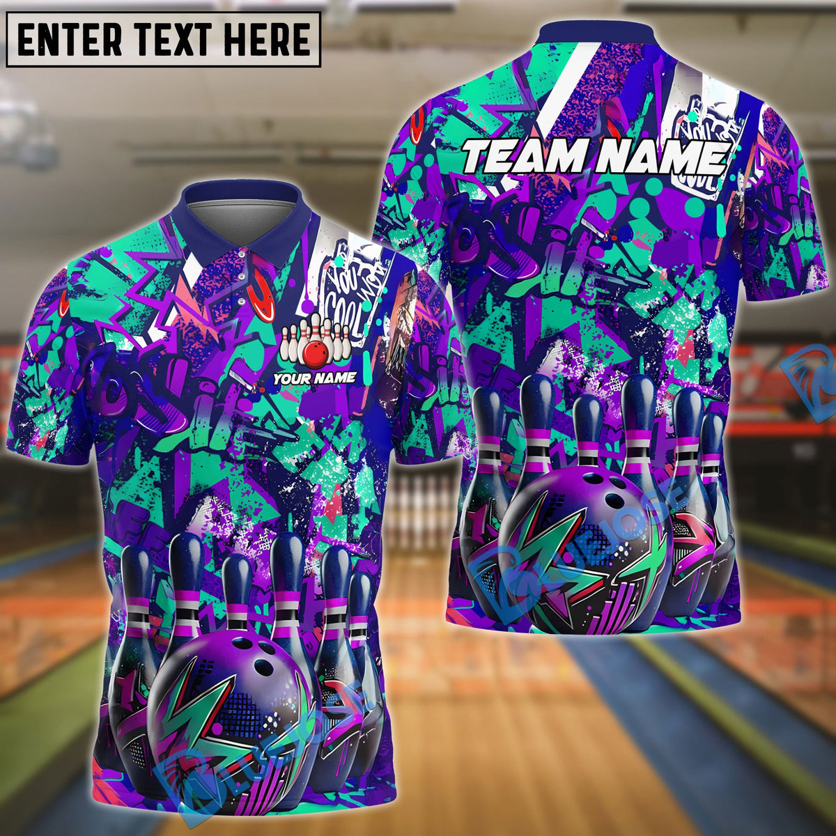 BlueJose Bowling Ball & Pins Galaxy Graffiti Style Multicolor Customized Name 3D Shirt (4 Colors)