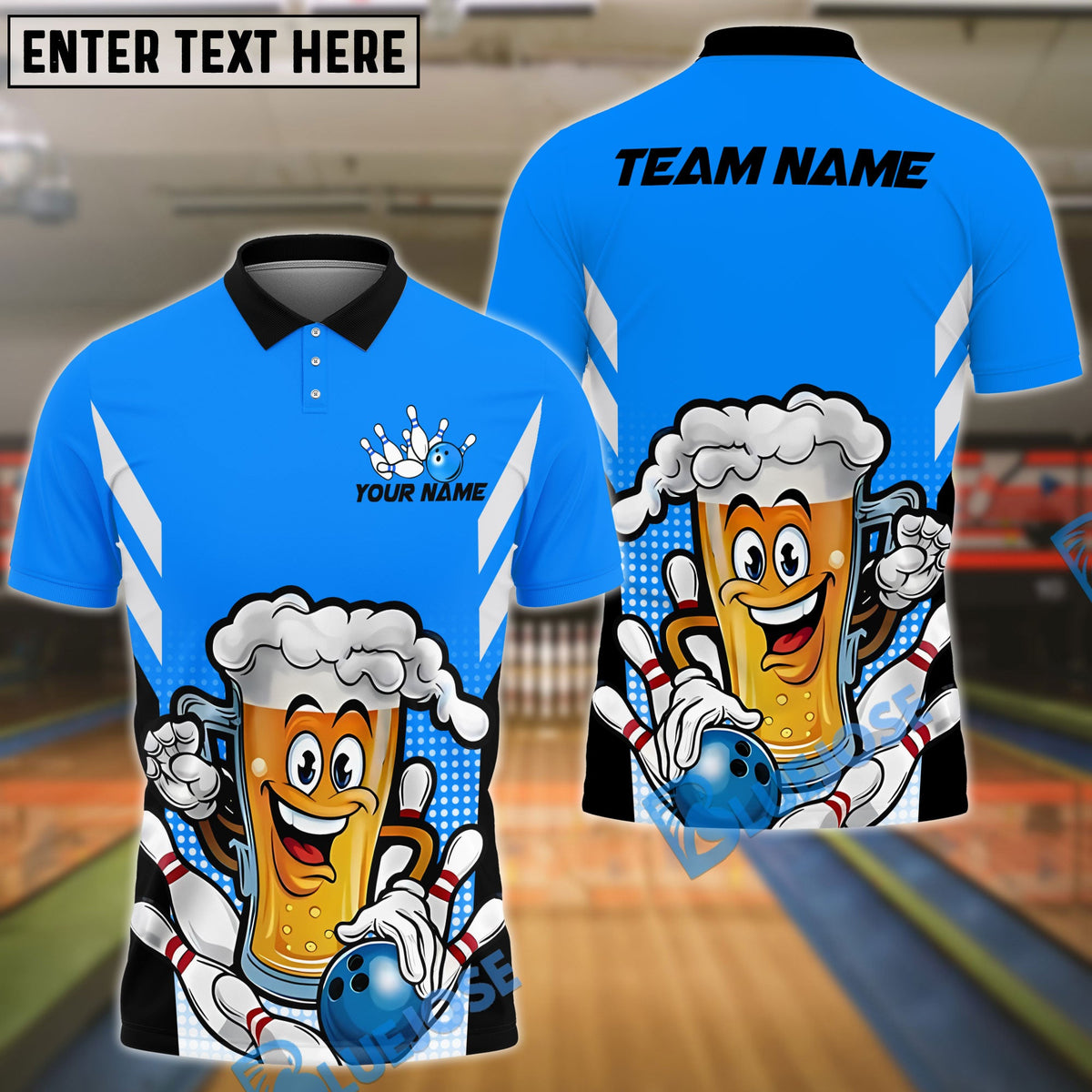 BlueJose Bowling And Pins Beer Cheers and Strikes Cartoon Design Customized Name 3D Shirt (4 Colors)
