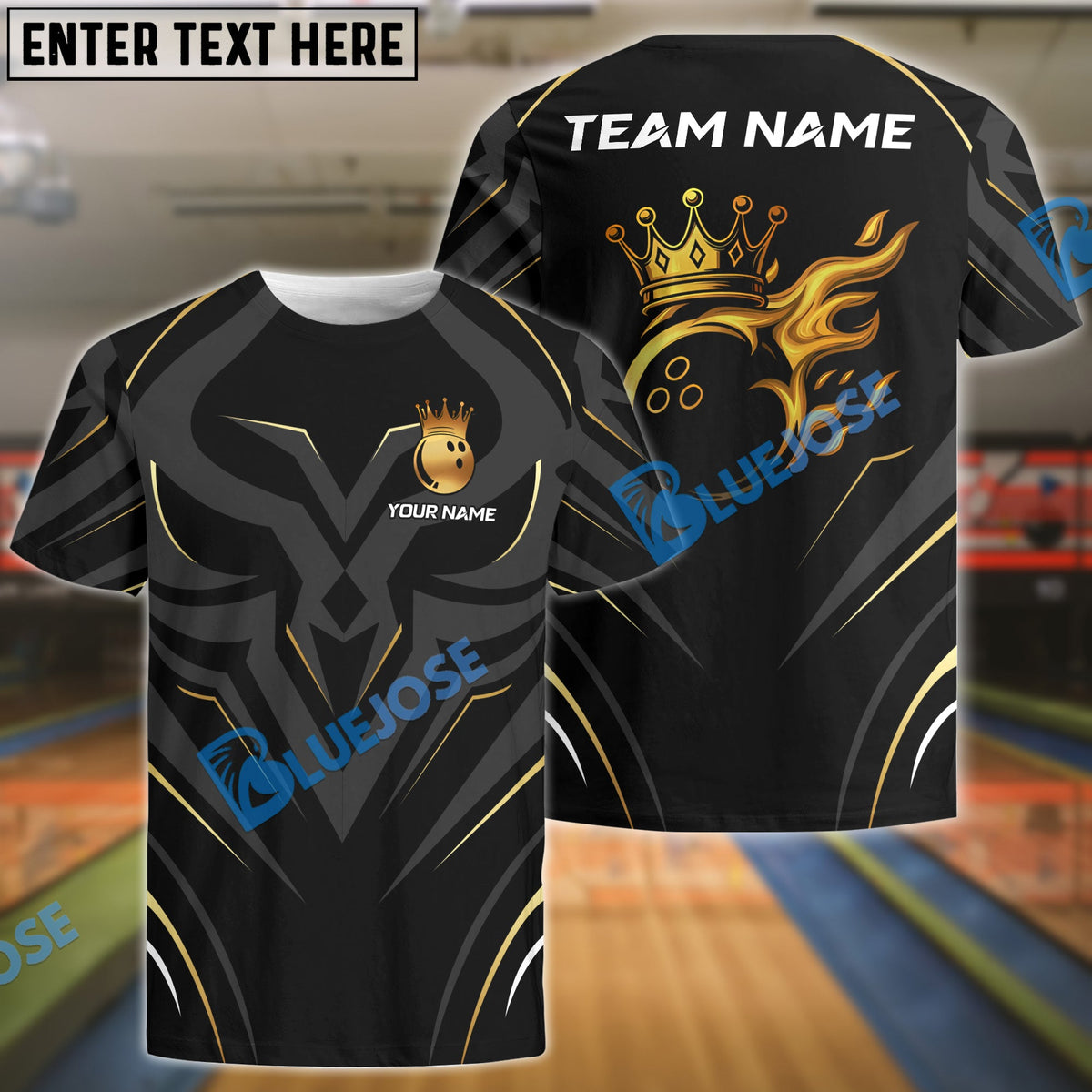 BlueJose Bowling Golden Royal Flame Customized Name, Team Name 3D Shirt (4 Colors)