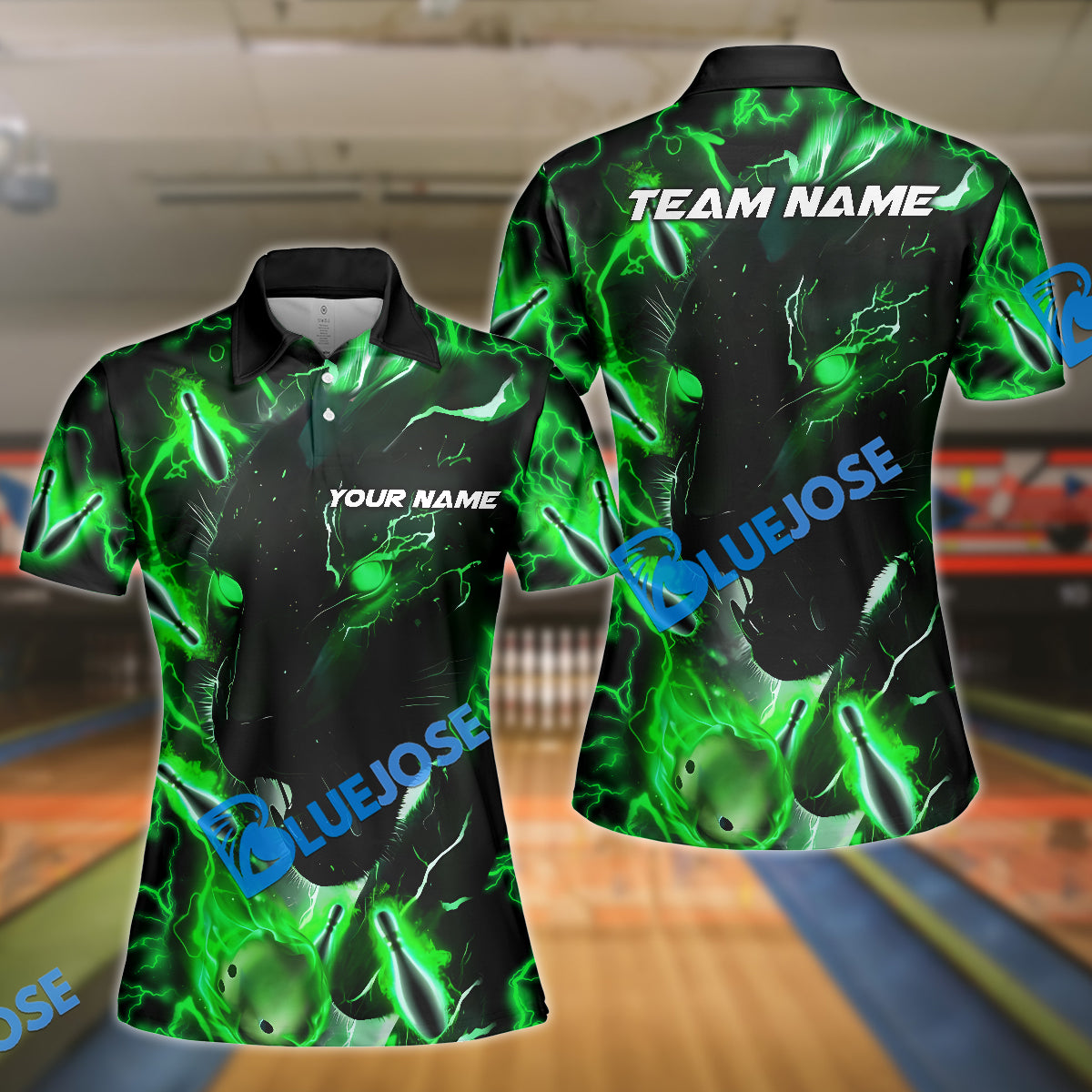 BlueJose Bowling And Pins Green Black Lightning Panther Customized Name, Team Name 3D Shirt