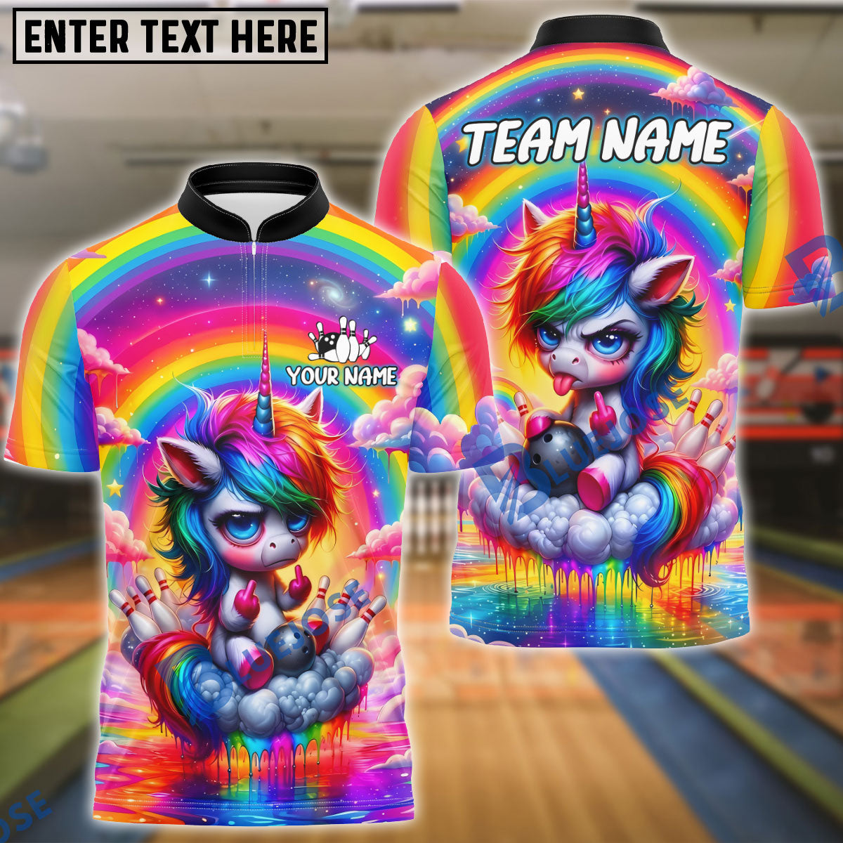 BlueJose Bowling Middle Finger Angry Unicorn Rainbow Fantasy Cartoon Customized Name, Team Name 3D Shirt