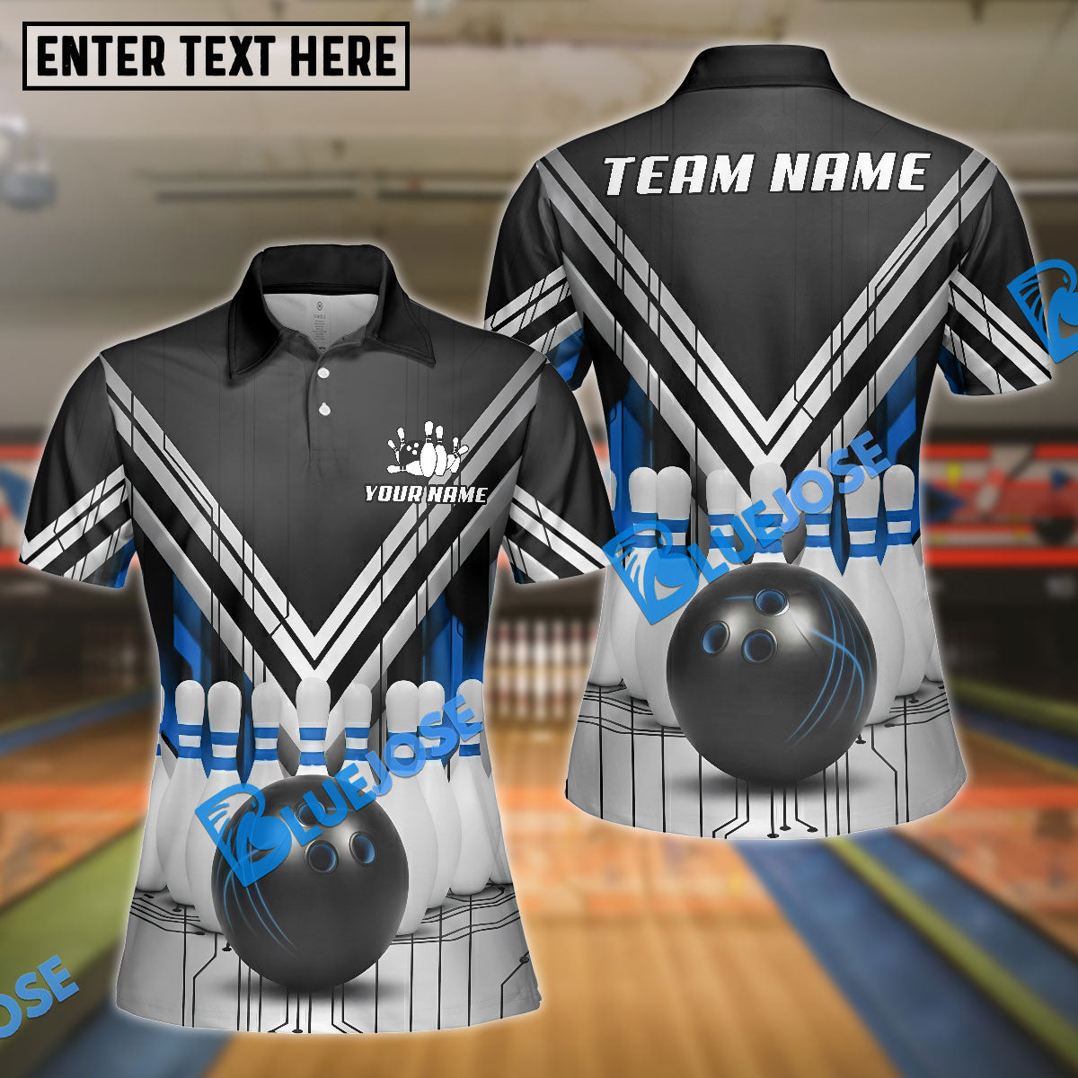 BlueJose Bowling And Pin Black White Red V-Stripe Strike Ball & Pins 3D Design Customized Name, Team Name 3D Shirt (6 Colors)