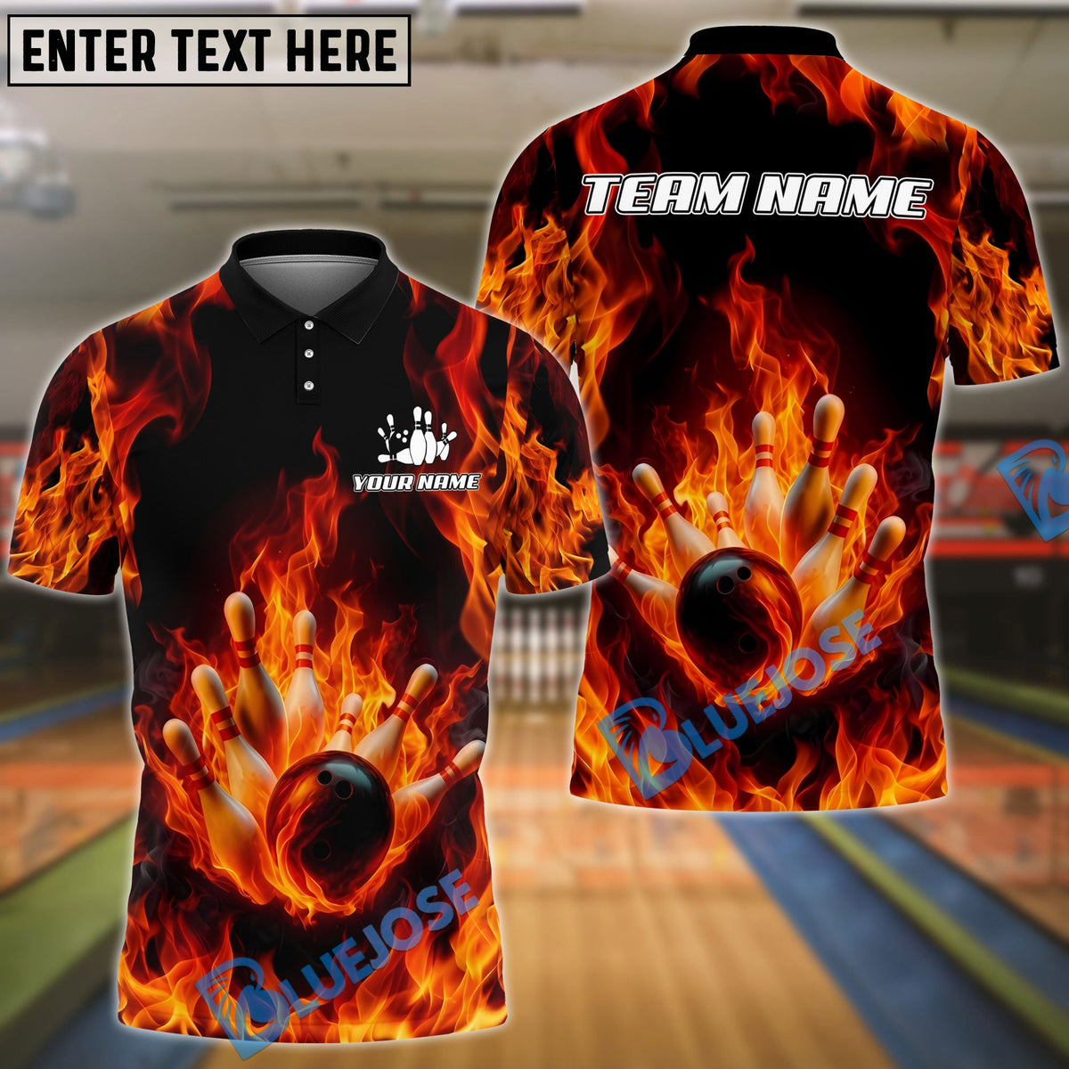 BlueJose Bowling And Pins Flaming Strike Burst Customized Name, Team Name 3D Shirt (4 Colors)