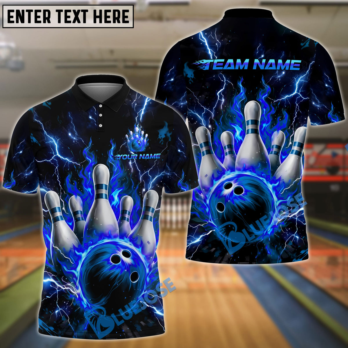 BlueJose Bowling & Pins Thunder Flaming Bowl Customized Name, Team Name 3D Shirt (4 Colors)