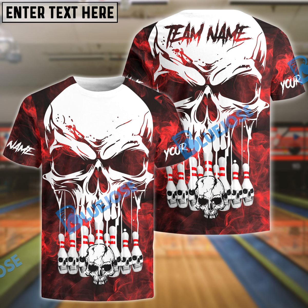 BlueJose Bowling And Pins Haunted Skull Multicolor Customized Name 3D Shirt (4 Colors)