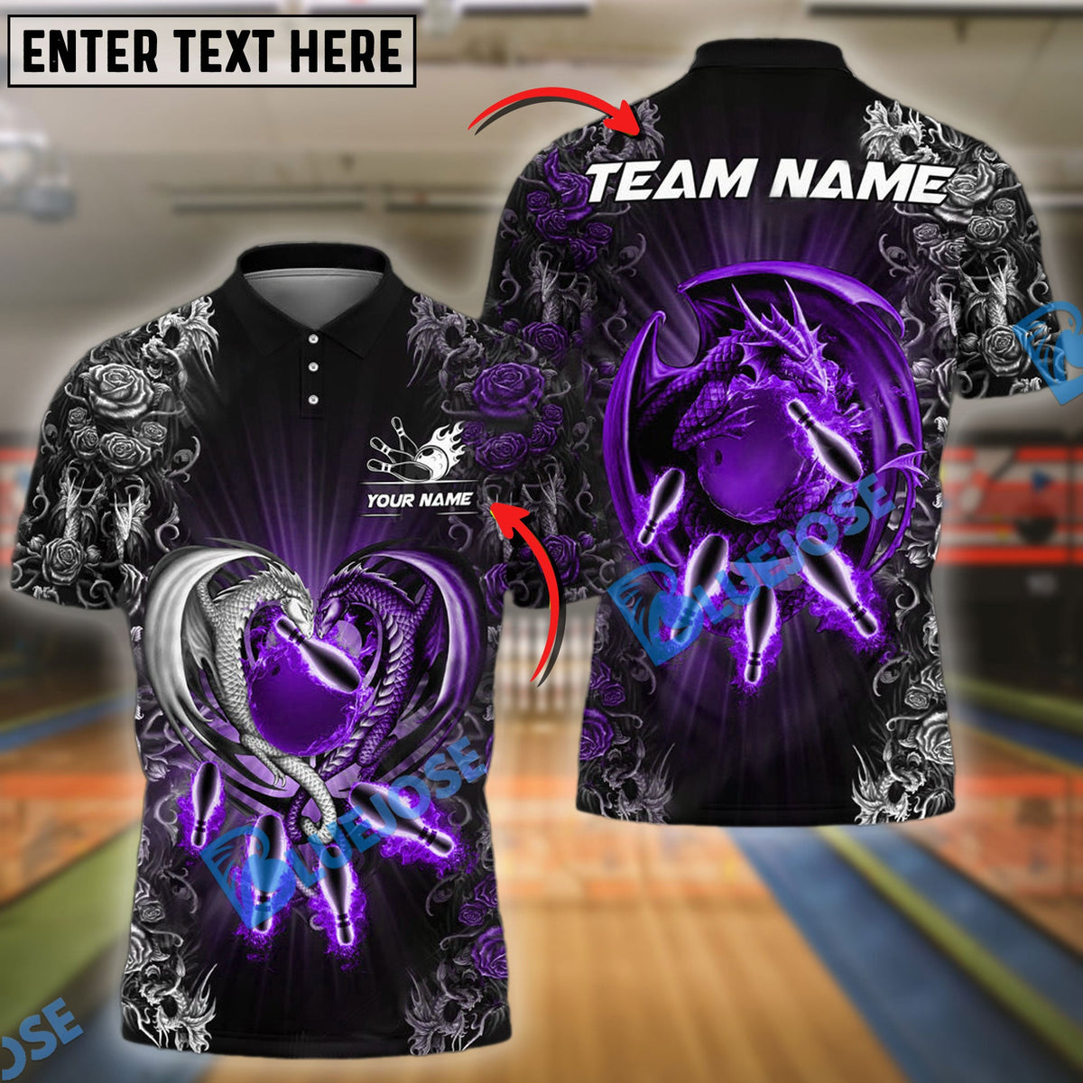 BlueJose Bowling And Pins Dragon Heart Flower Pattern Personalized Name Team Name 3D Shirt (4 Colors)