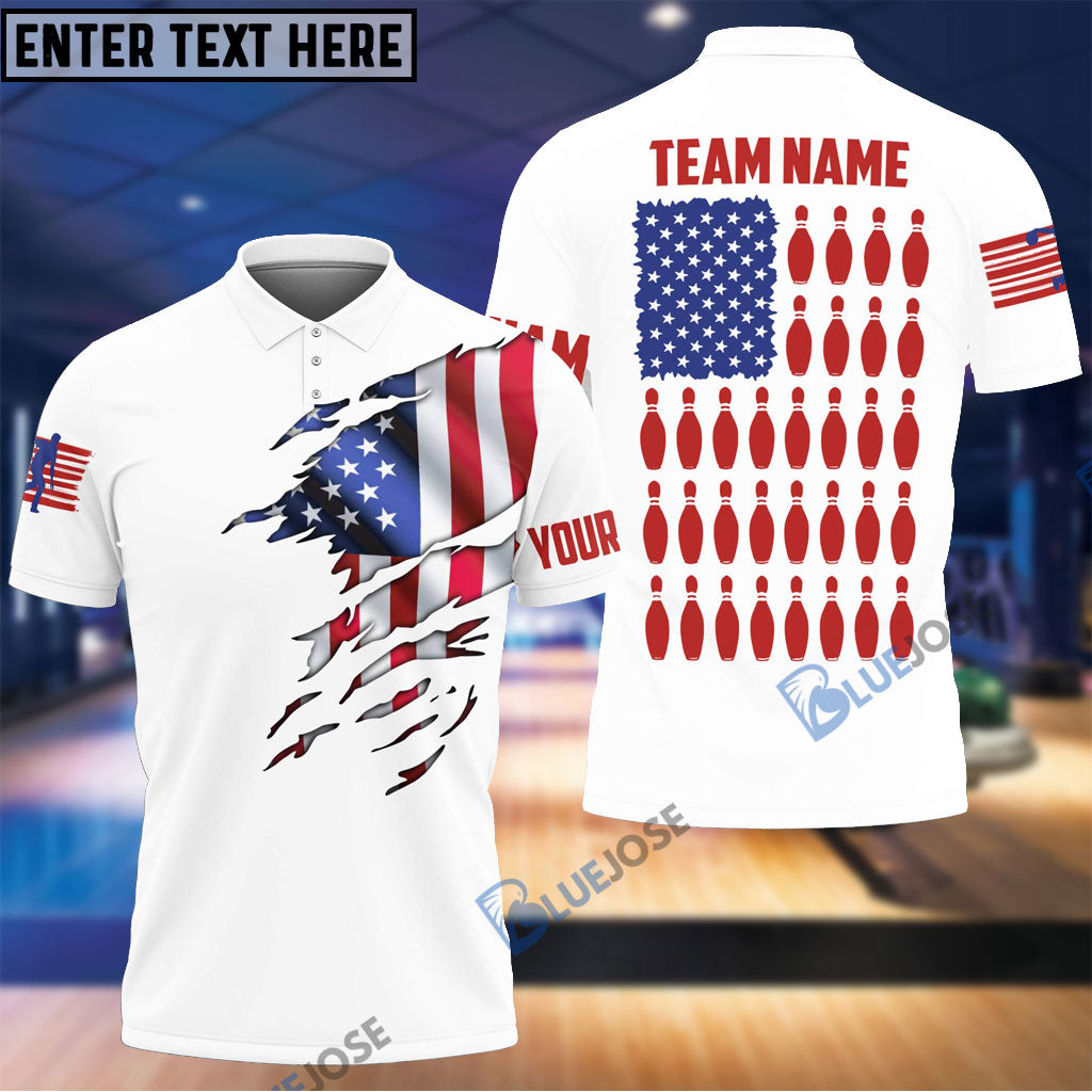 BlueJose White American Flag Bowling Pins Customized Name, Team Name 3D Shirt