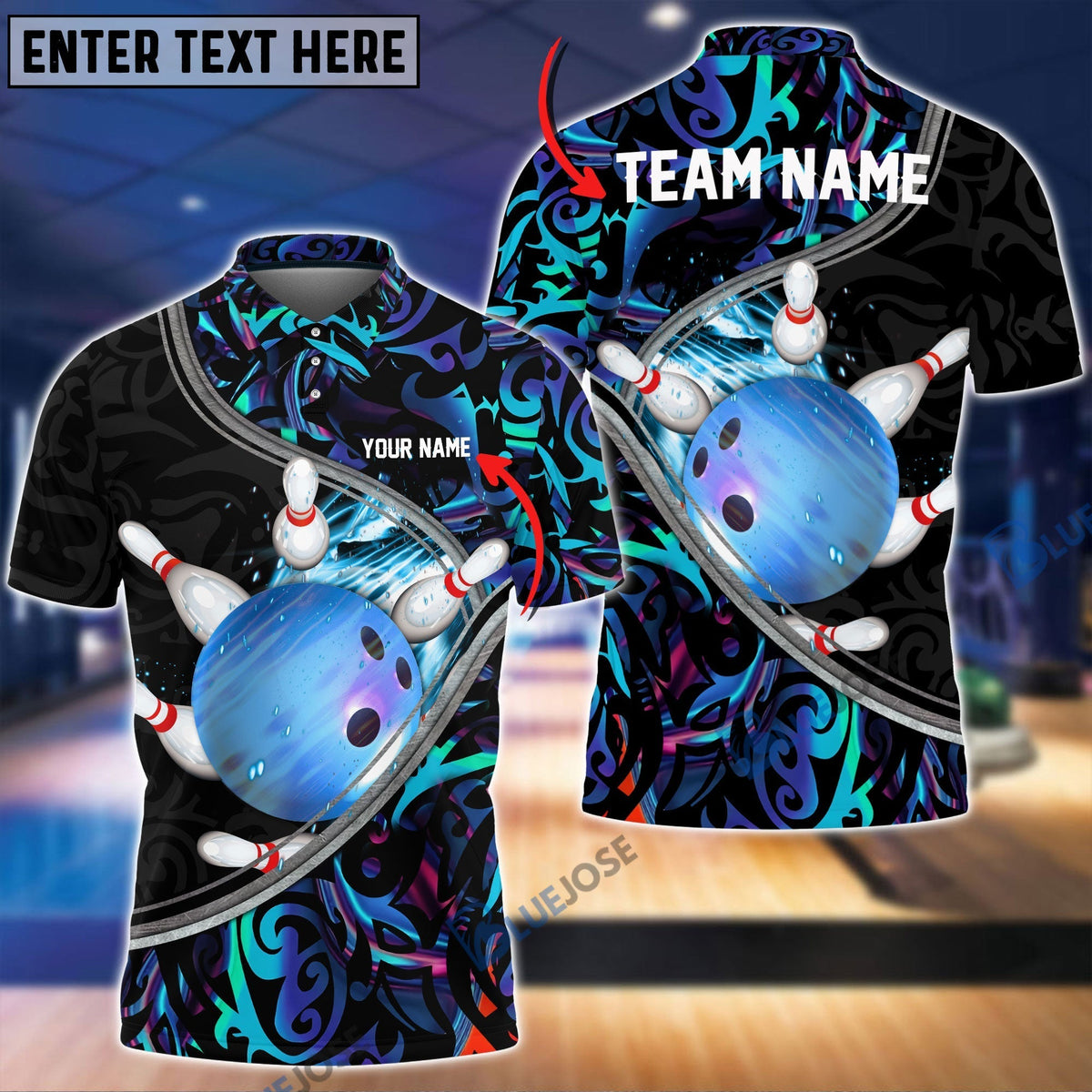 BlueJose Tattoo Color Bowling and Pins Personalized Name, Team Name 3D Shirt, Personalized Shirts For Bowling Players
