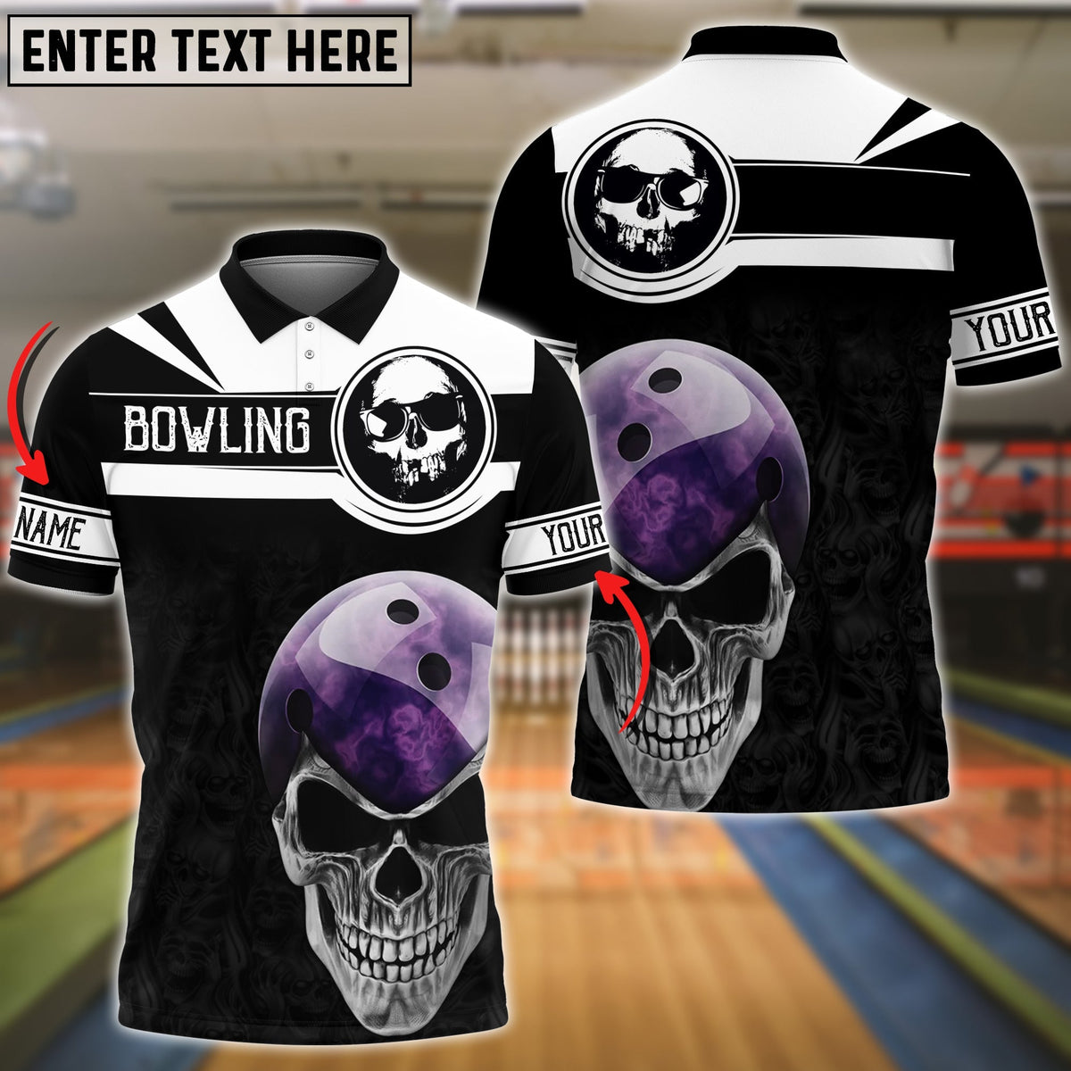 BlueJose Purple Bowling Ball Black Skull Pattern Customized Name 3D Shirt