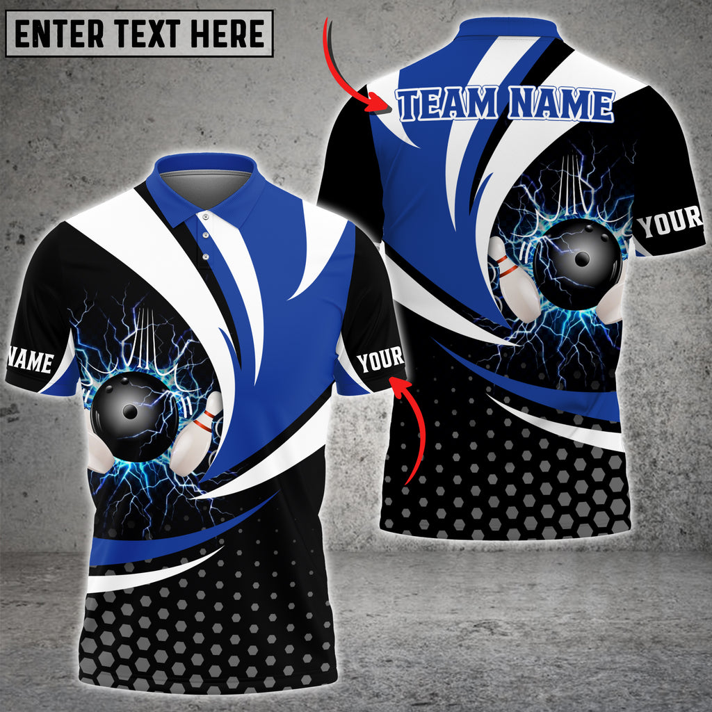 BlueJose Thunder Bowling Ball And Pins Hexagon Pattern Multicolor Customized Name 3D Polo Shirt