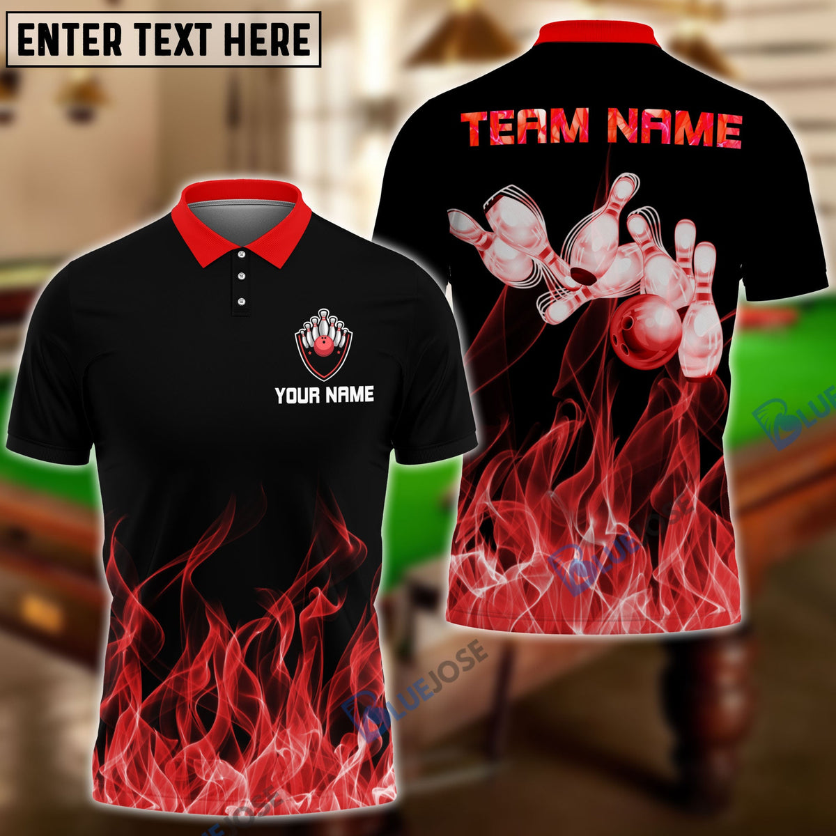 BlueJose Red Flame Pattern Black Bowling Premium Customized Name 3D Shirt