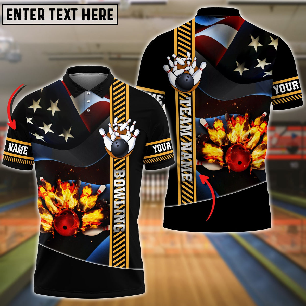 BlueJose Bowling Ball And Pins Flame USA Flag Pattern Premium Customized Name 3D Shirt