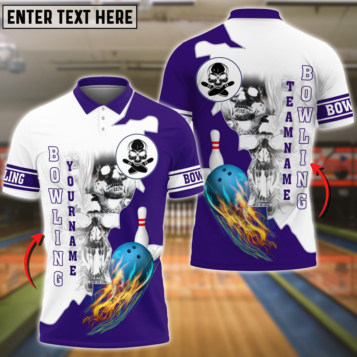 BlueJose Purple Bowling Ball Flame Skull Pattern Premium Customized Name 3D Shirt