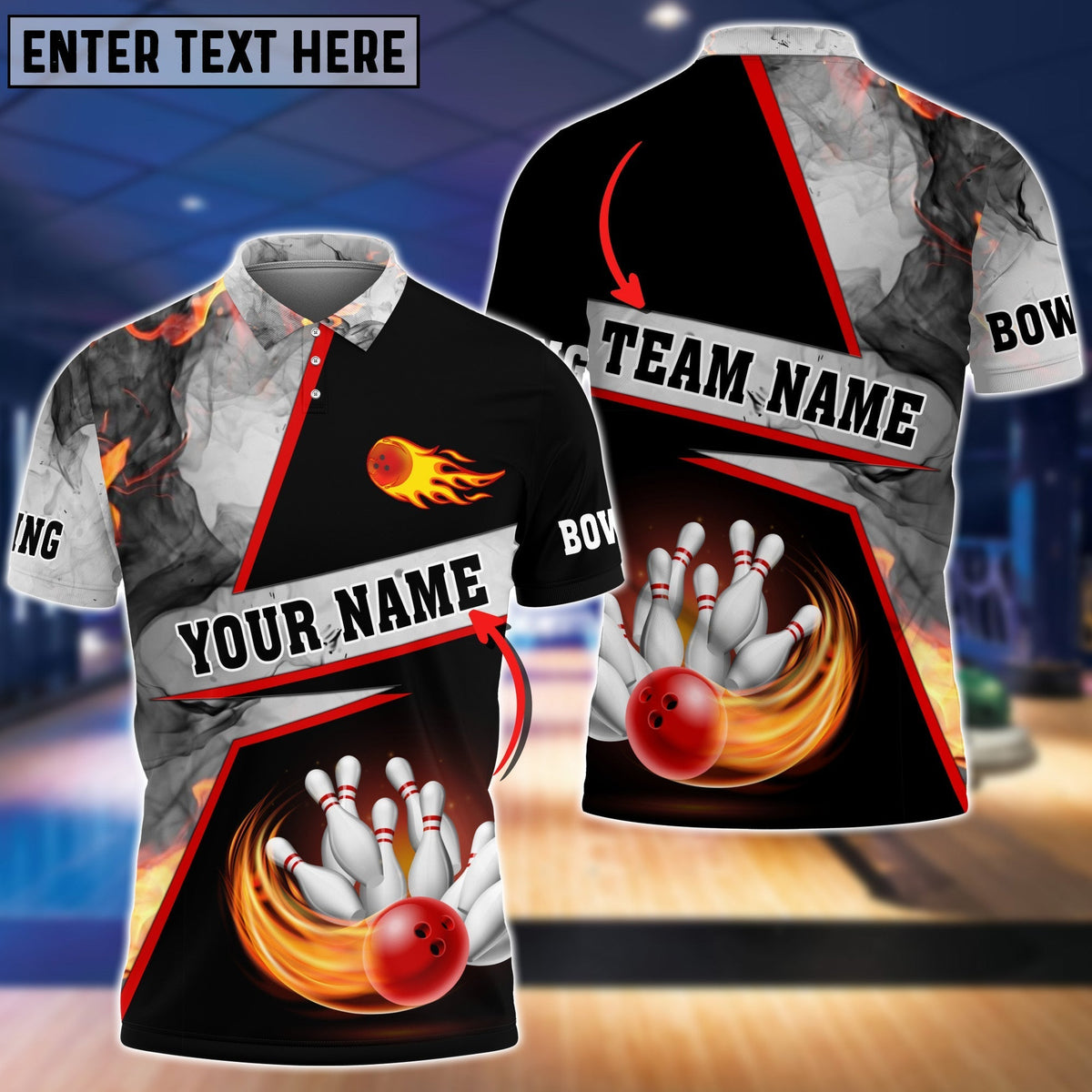 BlueJose Bowling Flame Grey Smoke Pattern Premium Customized Name 3D Shirt