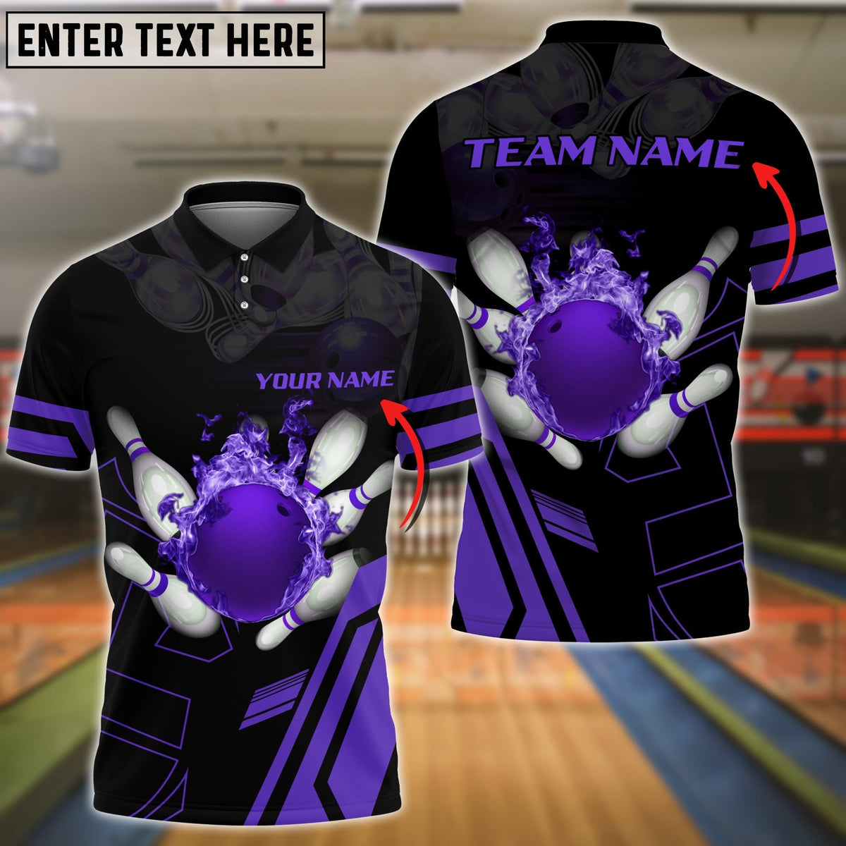 BlueJose Purple Bowling Ball Flame Personalized Name All Over Printed Shirt