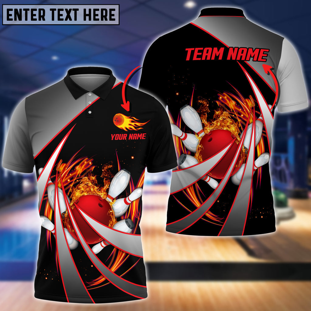 BlueJose Flame Bowling And Pins Tornado Pattern Multicolor Customized Name 3D Shirt