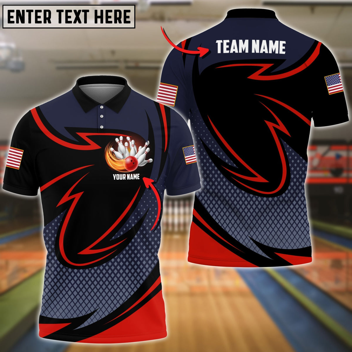 BlueJose Multicolor Bowling Rhombus Pattern Premium Customized Name 3D Polo Shirt