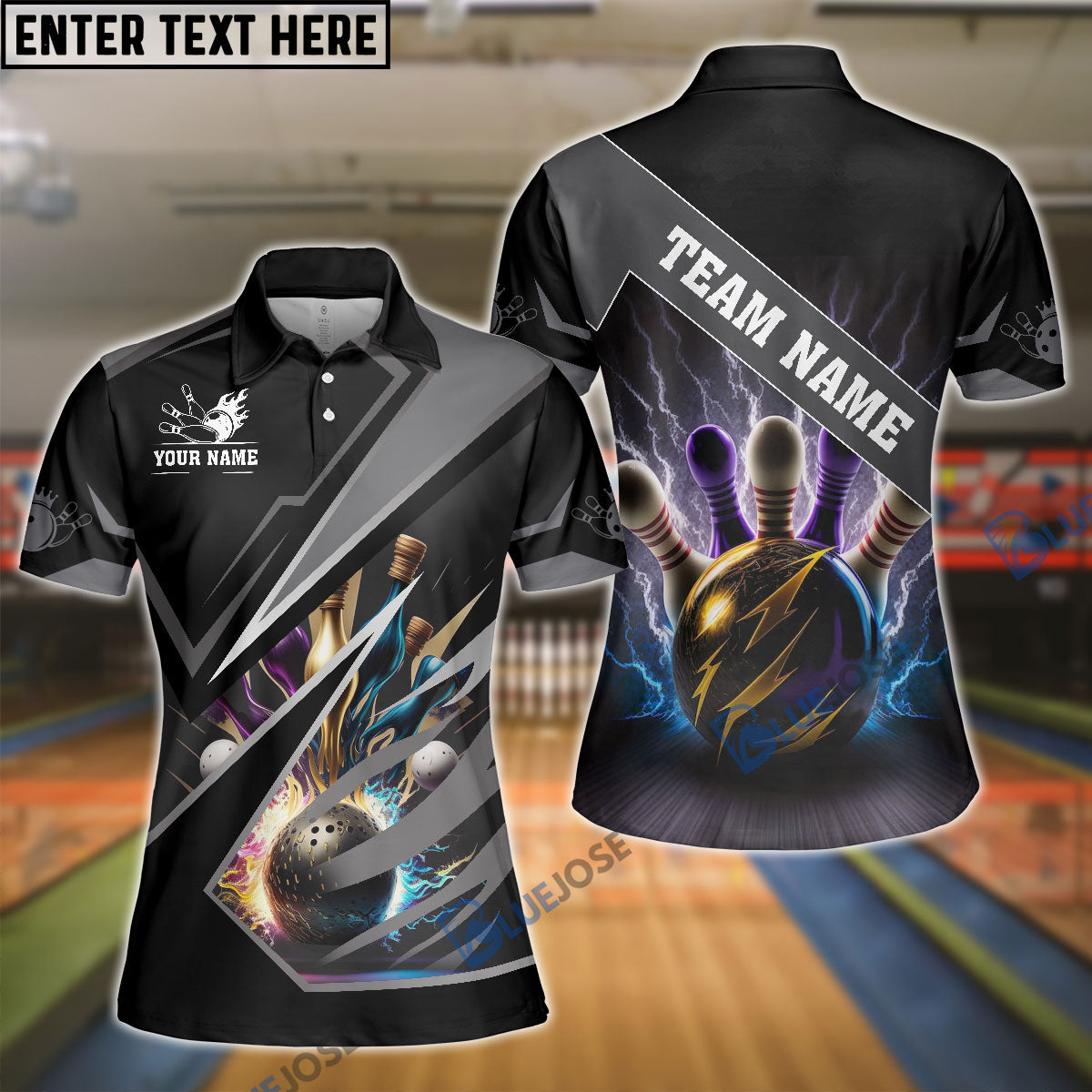 BlueJose Bowling And Pins Premium Multicolor Customized Name 3D Shirt for Women (4 Colors)