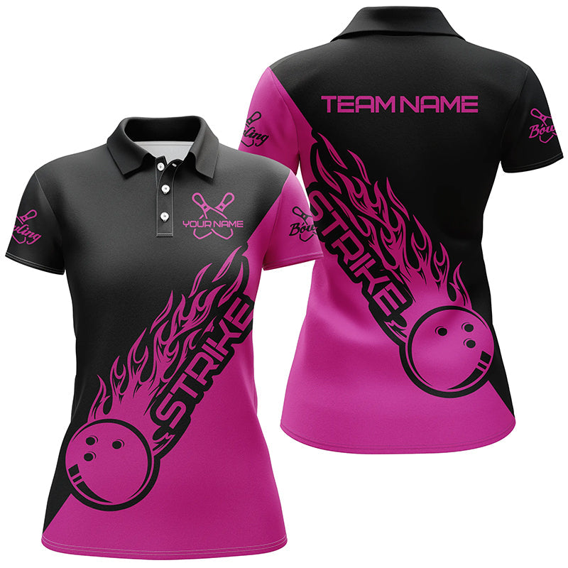 BlueJose Pink And Black Bowling Strike Customized Name All Over Printed Shirt For Women