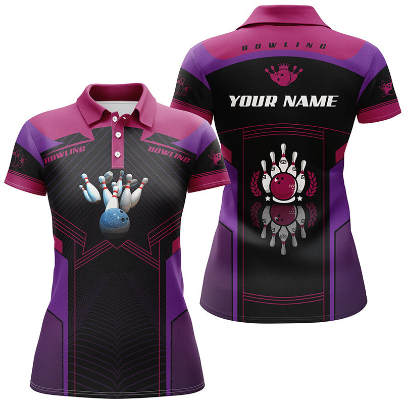 BlueJose Purple Bowling Ball And Pins Customized Name All Over Printed Shirt For Women