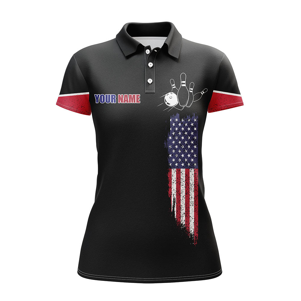 BlueJose Bowling Black American Flag Customized Name All Over Printed Shirt For Women