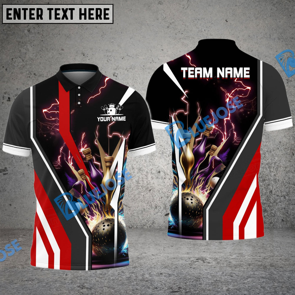 BlueJose Bowling And Pins Electro Strike Multicolor Customized Name 3D Shirt (4 Colors)