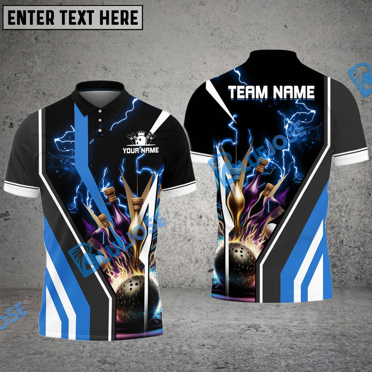 BlueJose Bowling And Pins Electro Strike Multicolor Customized Name 3D Shirt (4 Colors)