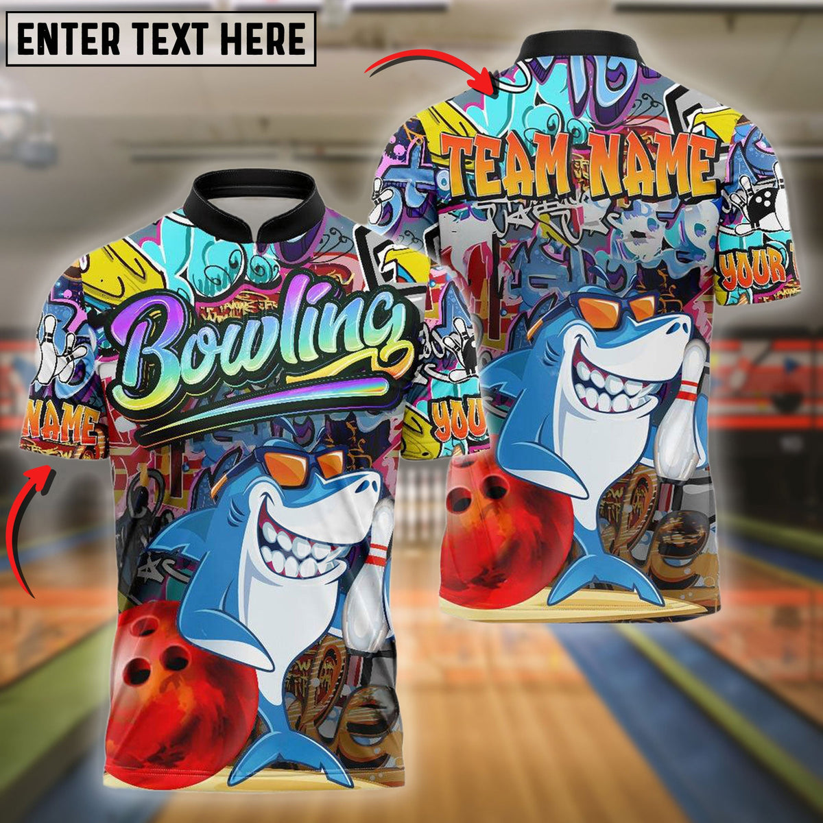 BlueJose Bowling Graffiti-Style Shark Customized Name, Team Name 3D Shirt