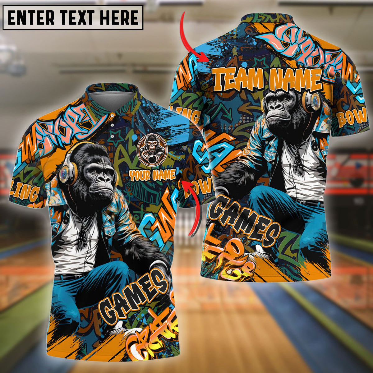 BlueJose Bowling And Pins Graffiti Chimp Customized Name 3D Shirt (4 Colors)