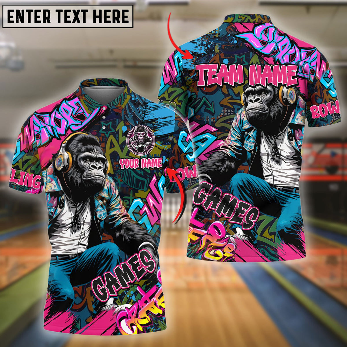 BlueJose Bowling And Pins Graffiti Chimp Customized Name 3D Shirt (4 Colors)