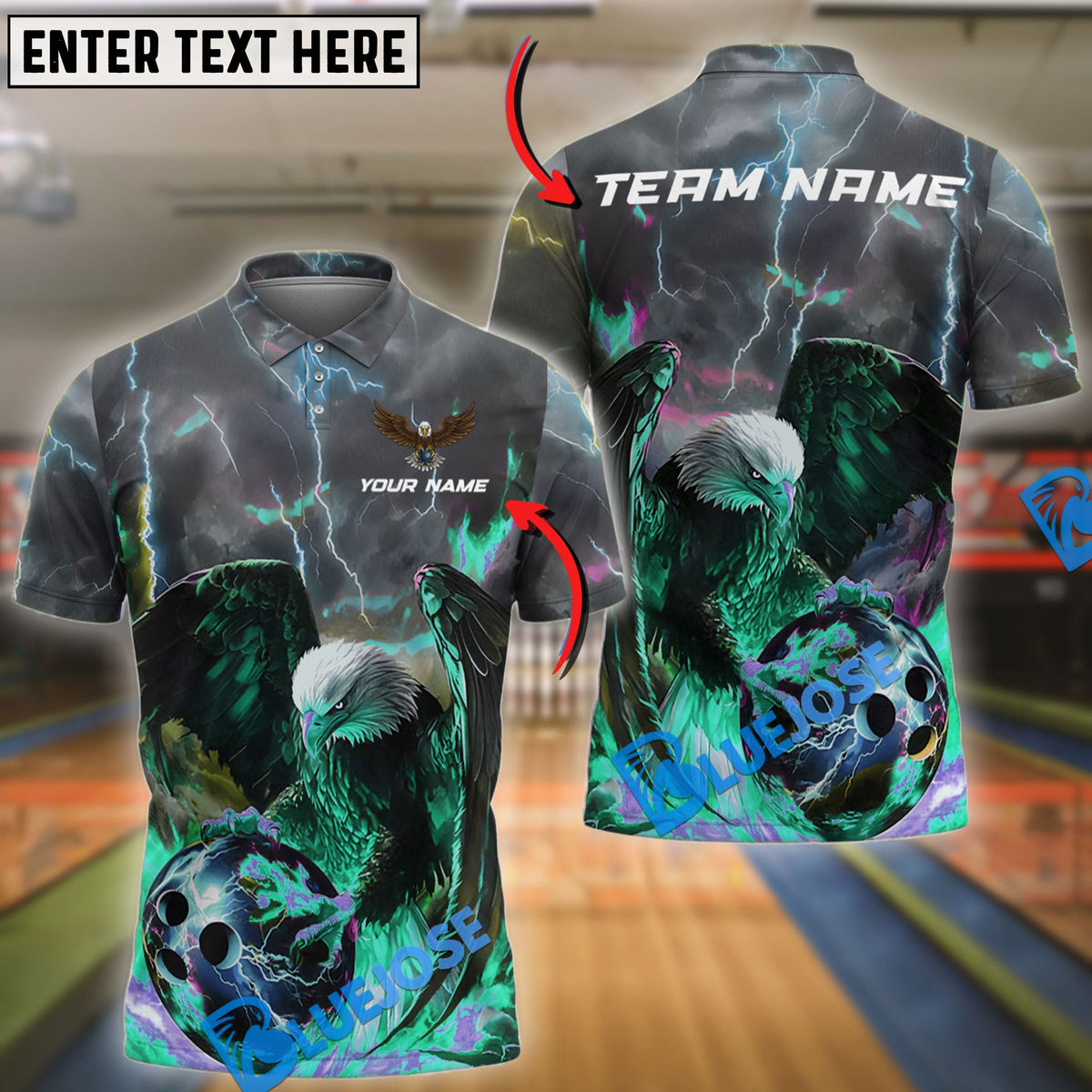 BlueJose Bowling And Pins Thunder Lightning Flame Eagle Customized Name, Team Name 3D Shirt (4 Colors)