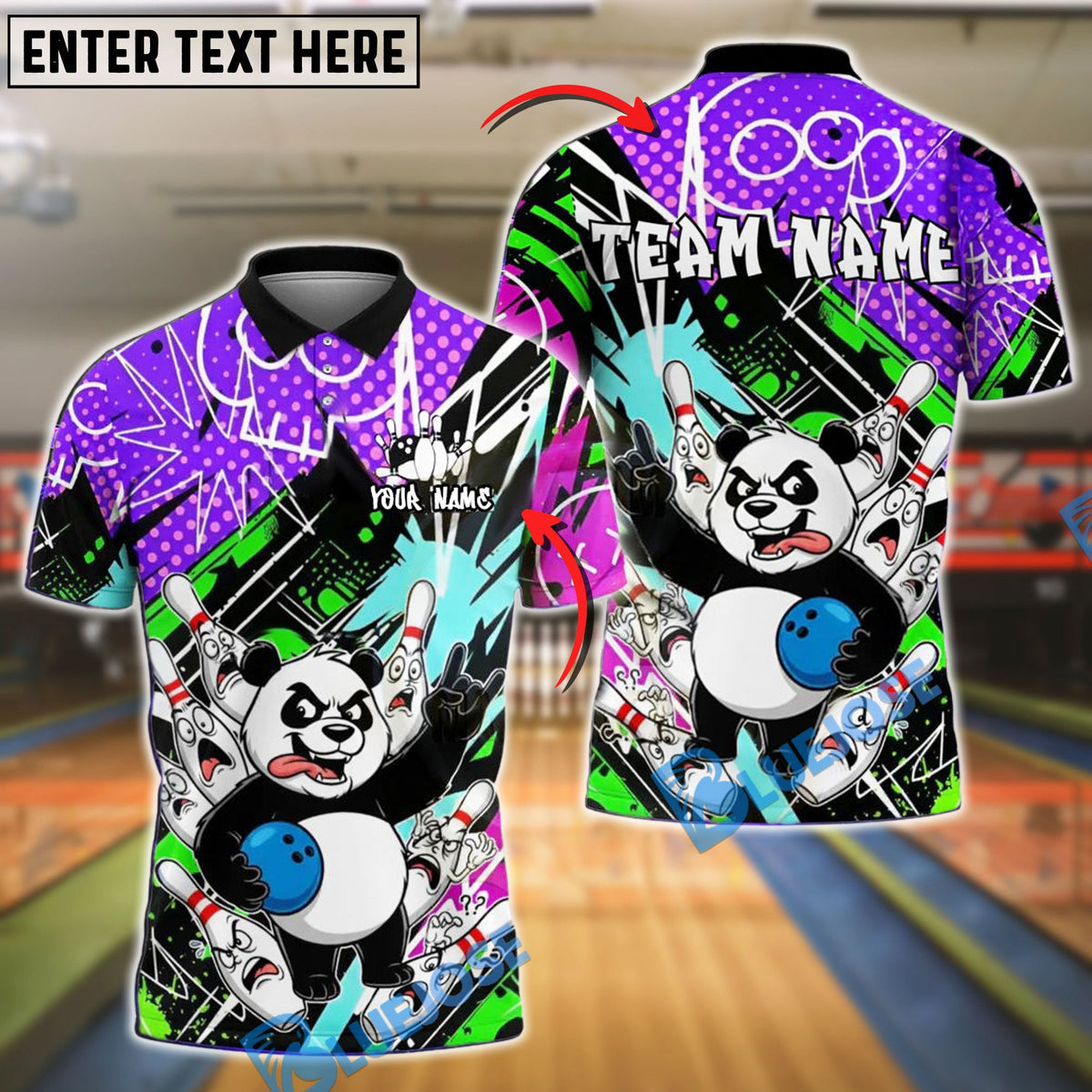 BlueJose Bowling And Pins Panda Wild Cartoon Art Customized Name, Team Name 3D Shirt (4 Colors)