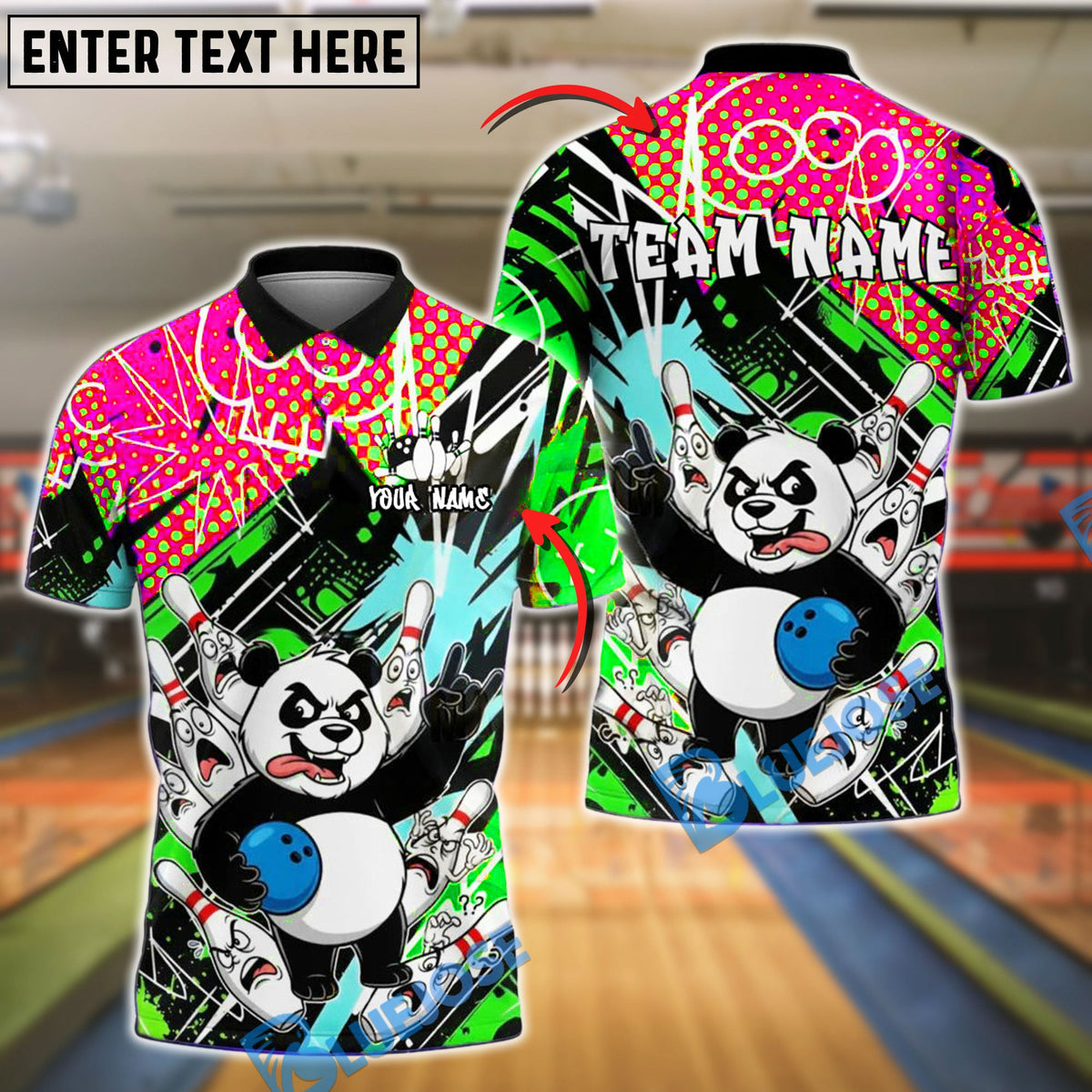 BlueJose Bowling And Pins Panda Wild Cartoon Art Customized Name, Team Name 3D Shirt (4 Colors)