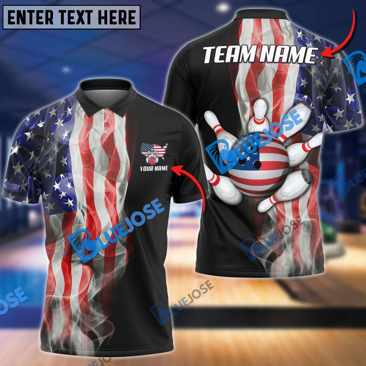BlueJose Bowling And Pins American Smoke Flag Customized Name, Team Name 3D Shirt