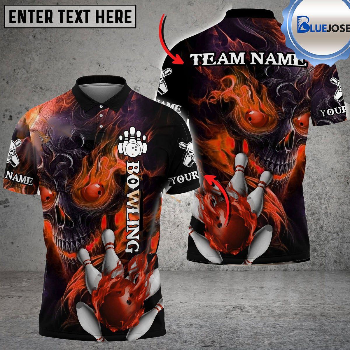 BlueJose Bowling And Pins Fire Skull Premium Pattern Personalized Name, Team Name 3D Shirt (4 Colors)