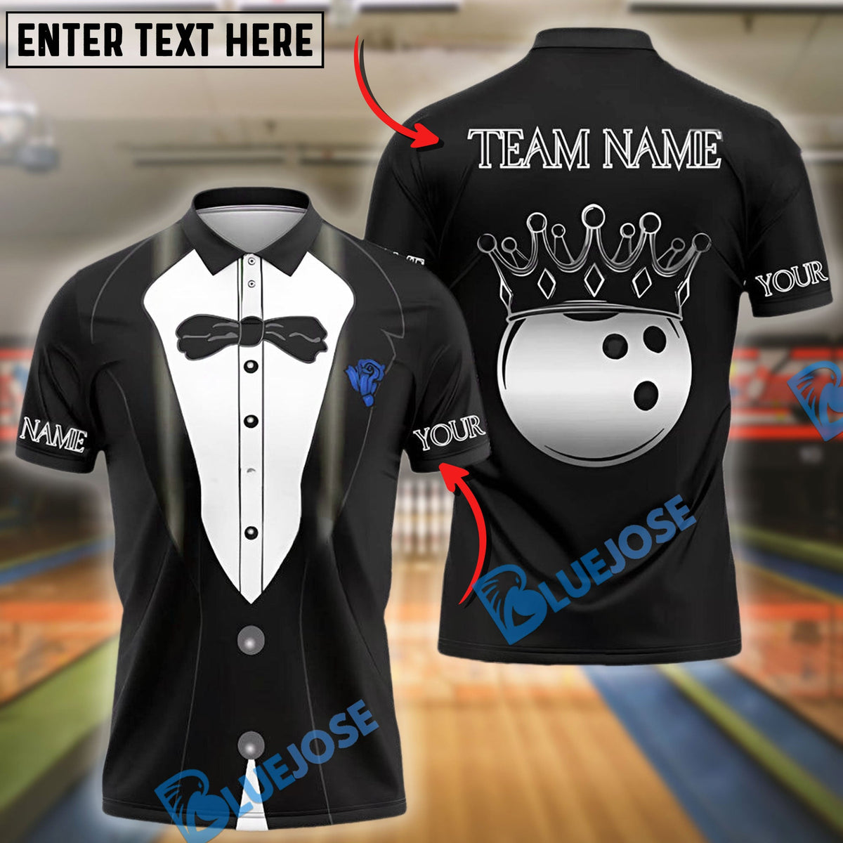 BlueJose Bowling And Pins Stylish Tuxedo Customized Name, Team Name 3D Shirt (4 Colors)