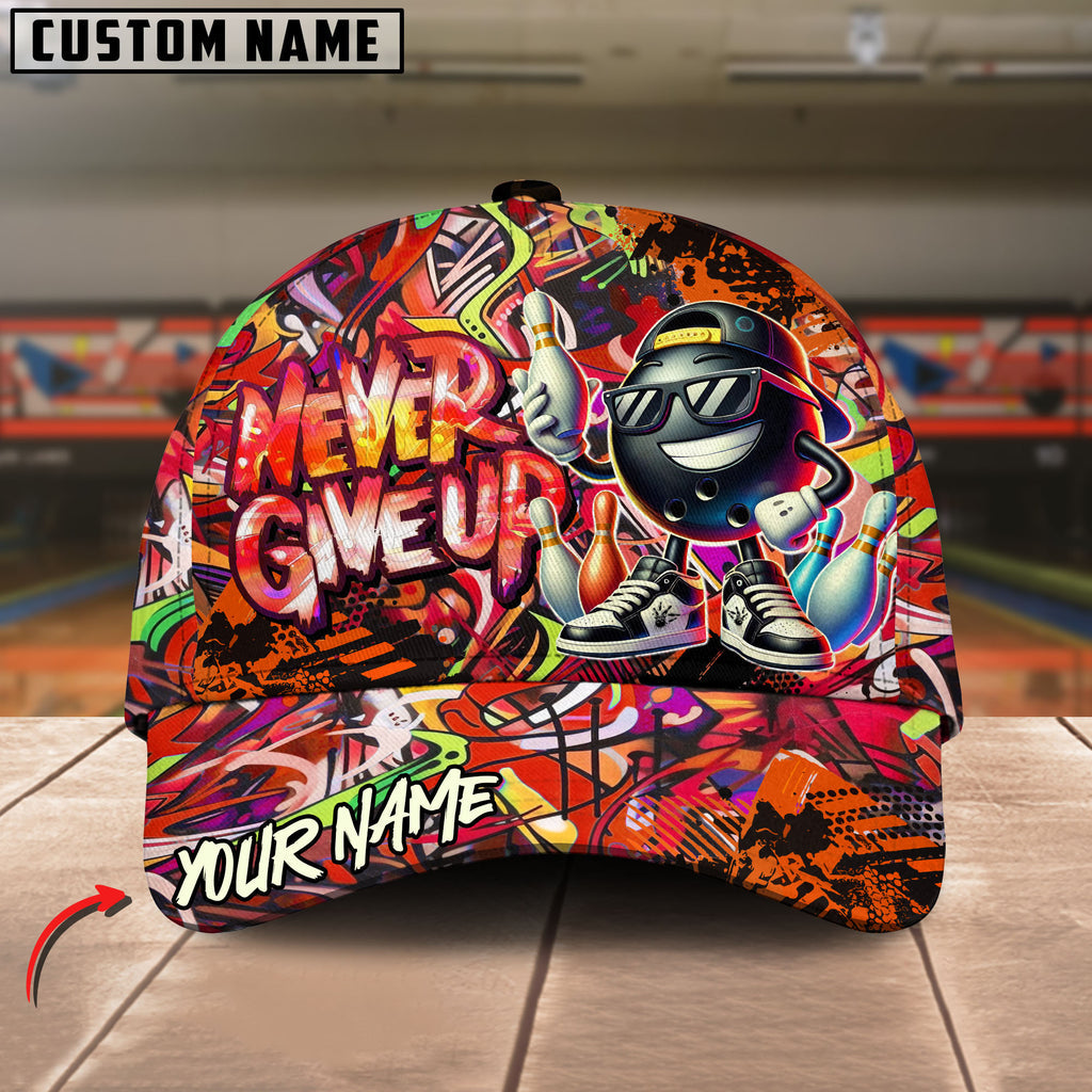 BlueJoses Bowling And Pins Never Give Up Graffiti Pattern Personalized Name Cap