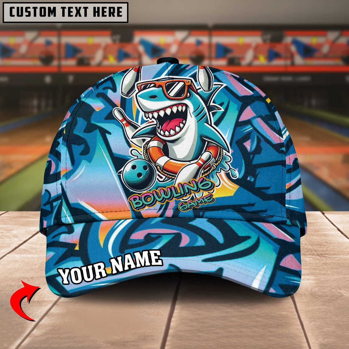 BlueJoses Bowling And Pins Funny Shark Graffiti Pattern Personalized Name Cap