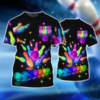 BlueJose Bowling Party Neon with Purple Balls and White Pins on the Bright Pink 3D Shirt