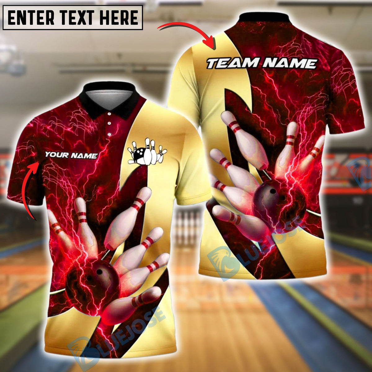 BlueJose Bowling And Pins Thunder Lightning Gold Customized Name, Team Name 3D Shirt (4 Colors) (Copy)