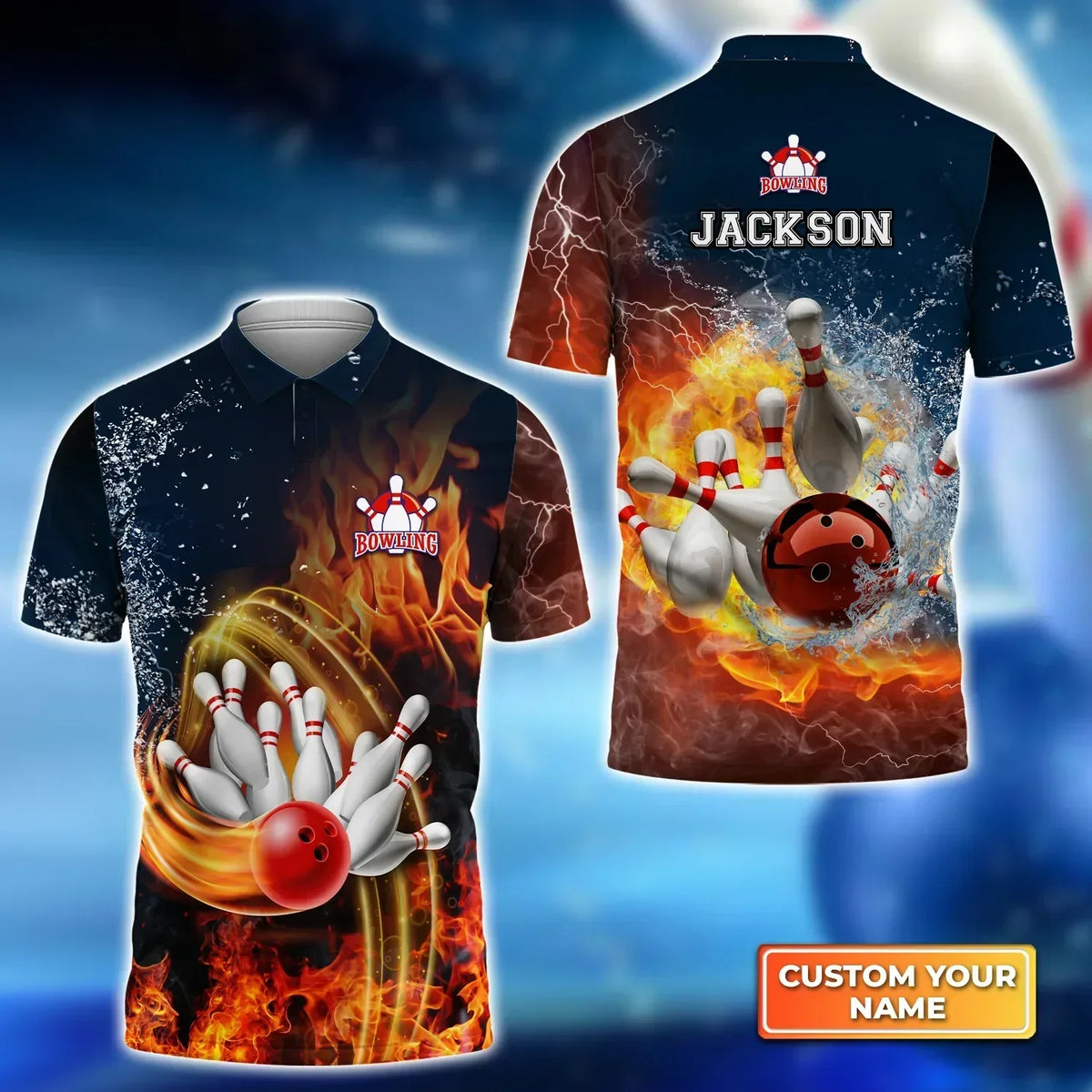 BlueJose Bowling Fire and Water Pattern Customized Name 3D Shirt