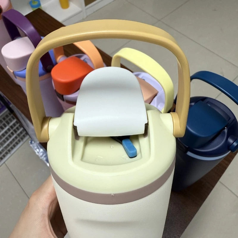 30oz Macaron Color Portable Insulated Bottle, 304 Stainless Steel Vacuum Flask, Handle Travel Cup