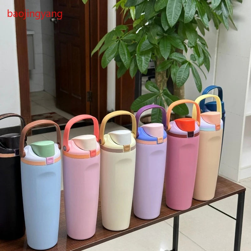 30oz Macaron Color Portable Insulated Bottle, 304 Stainless Steel Vacuum Flask, Handle Travel Cup