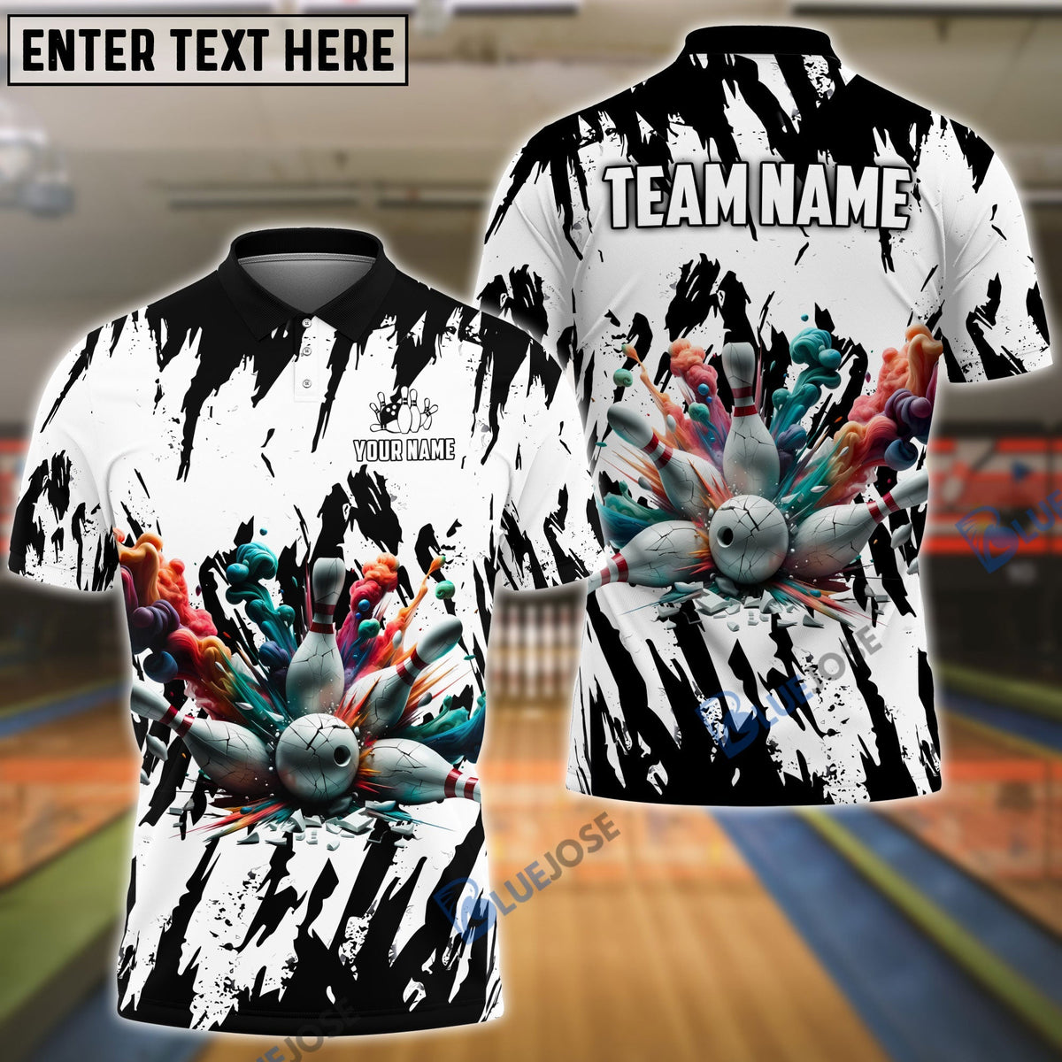 BlueJose Bowling And Pins Ink Broken Pattern Customized Name 3D Shirt (5 Colors)