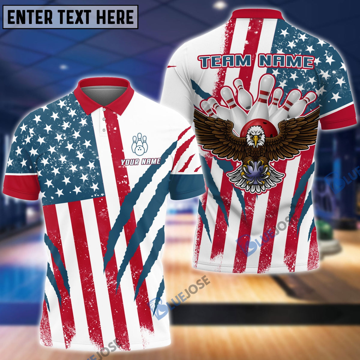 BlueJose US Flag Eagle Bowling and Pins Customized Name, Team Name 3D Shirt