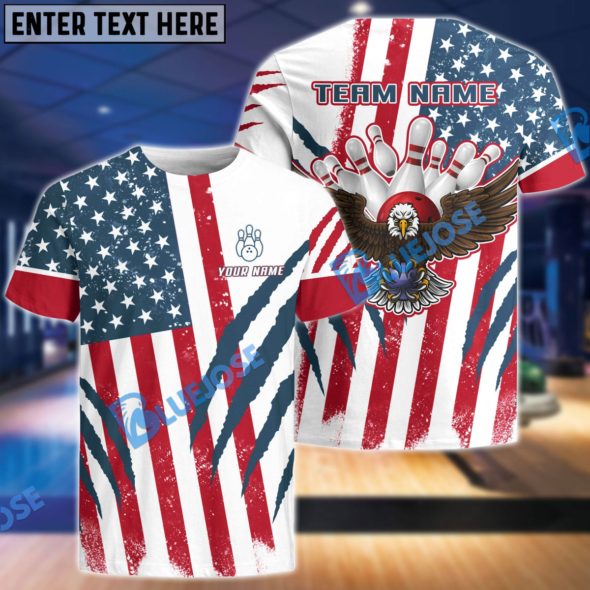 BlueJose US Flag Eagle Bowling and Pins Customized Name, Team Name 3D Shirt