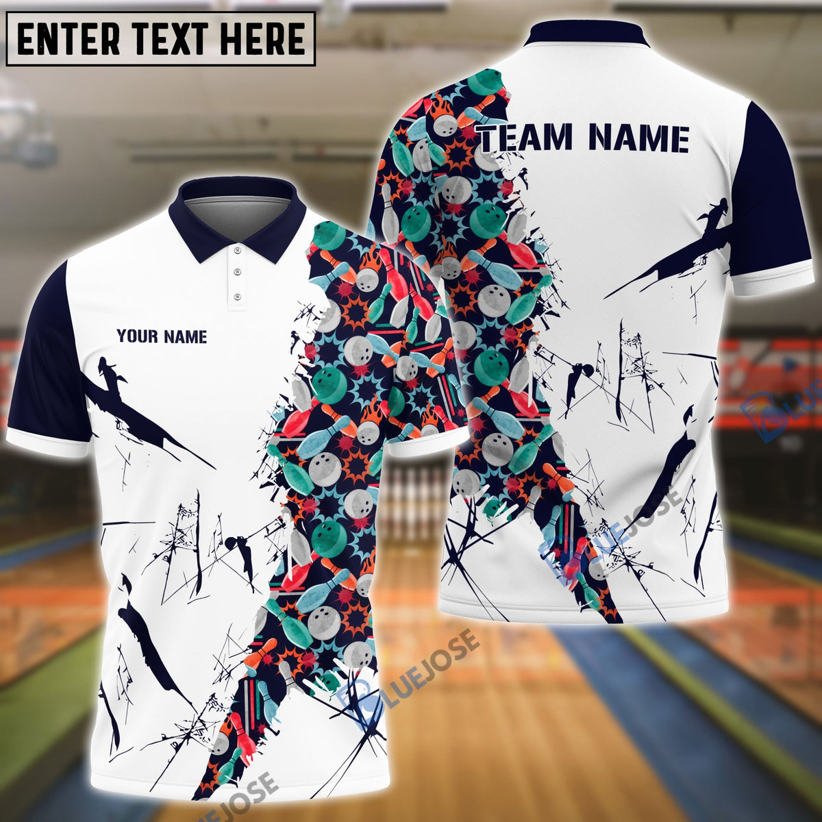 BlueJose Bowling And Pins Happy Bowling Pattern Customized Name, Team Name 3D Shirt